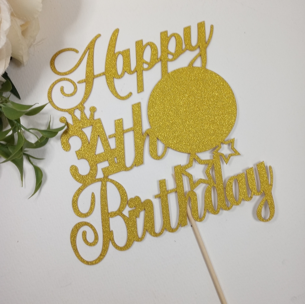 Gold Glitter Happy 34th Birthday Cake Topper. 34th birthday cake decoration.